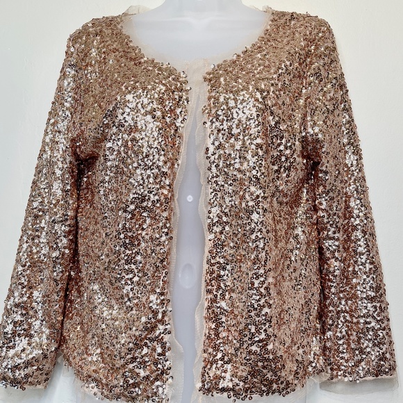 Oliver | Gold Jewel Tone Sequin Embellished Shrug Boxy Cropped Glam Cardigan - Picture 2 of 16
